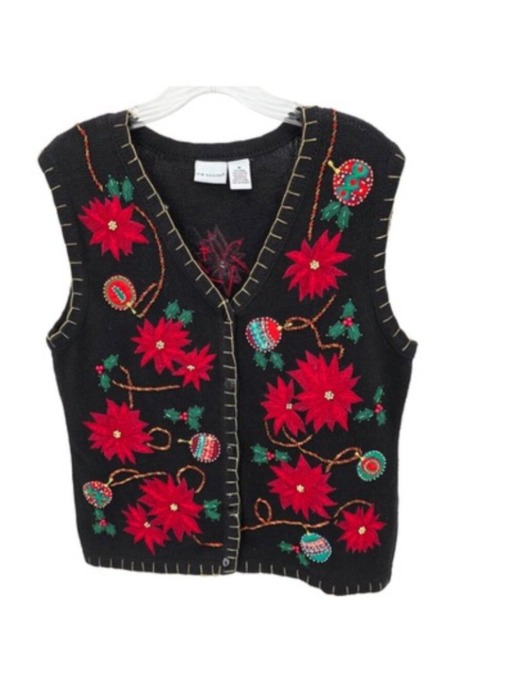 Vintage Kim Rogers Sweater Vest Womens M Black Christmas Poinsettia Beaded Ugly